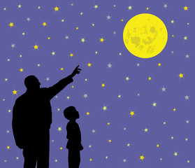 Father is showing big full moon in bright sparkling starry night sky to his amazed kid with wow face expression. Father is teaching his little child son about science, astronomy or religion.