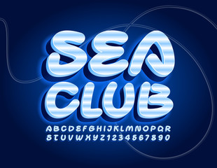 Vector bright Sign Sea Club. Playful Neon Font. Electric Alphabet Letters and Numbers