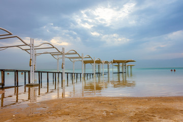 Fototapeta na wymiar Creative image of the Dead Sea at dawn blue hour before sunrise
