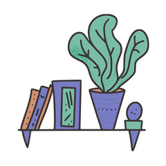 Shelf with books, plants, picture. Vector design.