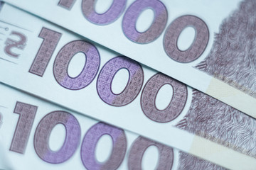 Macro close-up of one thousand hryvnia Ukrainian banknote
