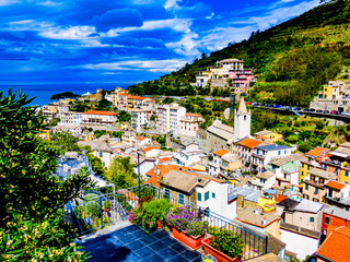 coastal view  from the  Riomaggiore village which is a small village in the Liguria region of Italy.