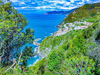 coastal view  from the  Riomaggiore village which is a small village in the Liguria region of Italy.