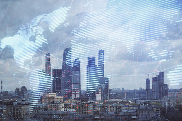 Double exposure of world map on city veiw background. Concept of international trading
