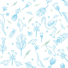 Pattern birds flowers baby blue green on white background linear