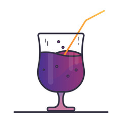 Mysterious violet-pink cocktail. Drink in a glass goblet with a paper straw tube. Outline vector icon.