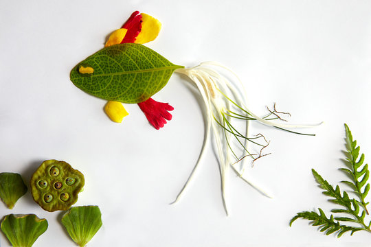 Charming image of sea fish and seaweeds created with tropical botanical materials