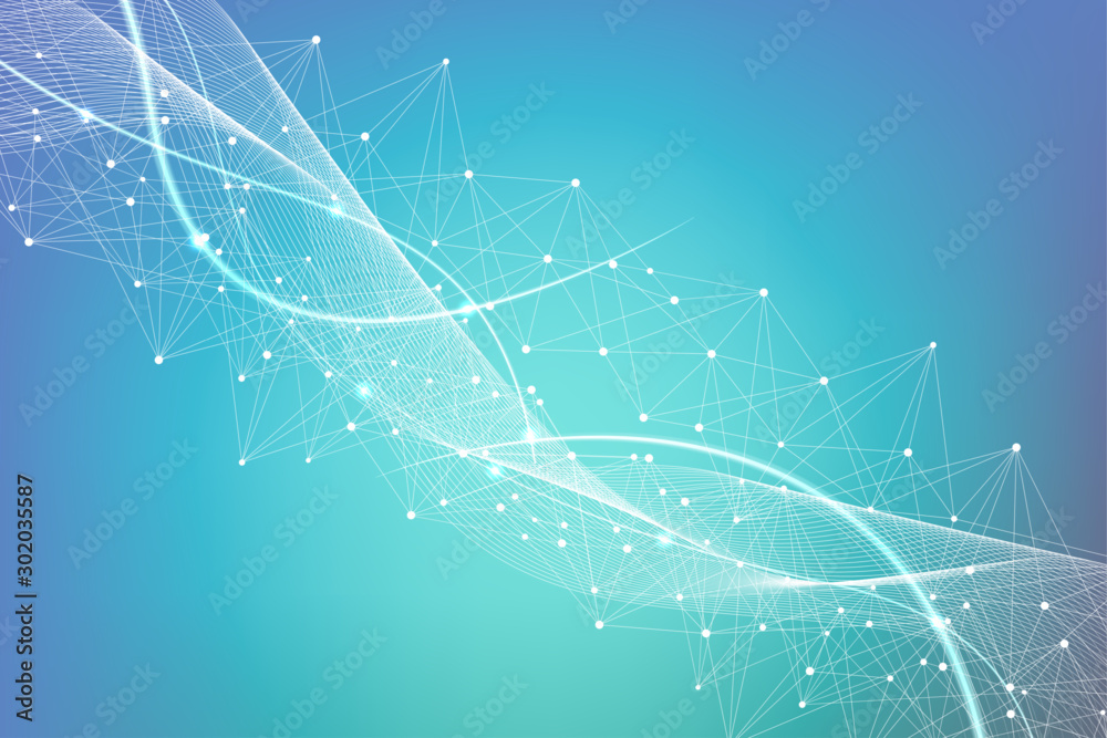Poster geometric abstract background with connected line and dots. structure molecule and communication. bi