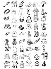 Black and white sketch set of 54 items of clothes and accessories onwhite background