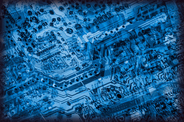 Microcircuit Board Detail Monochrome Dark Marine Blue Vignette Background