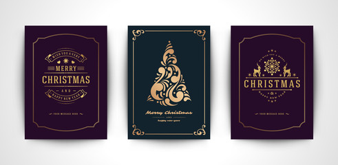 Christmas greeting cards set and ornate typographic winter holidays text vector illustration.