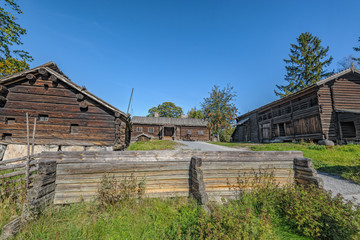 Example of well-preserved traditional pre industrial wooden farmstead at Skansen open-air museum. Stockholm, Sweden.