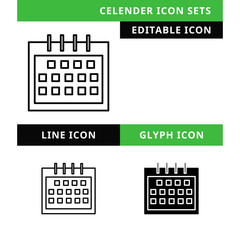 Celender icons set vector design, modern editable line and  glyph icon, black color and isolated for icon presentation, website and banner