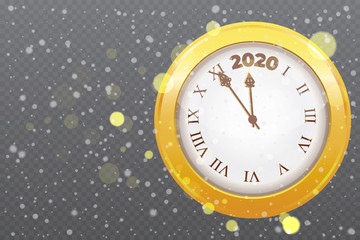 Obraz na płótnie Canvas Gold shiny 2020 New Year countdown watch. Holiday antique Christmas celebration clocks with golden confetti, xmas night celebrate background. Vector illustration.