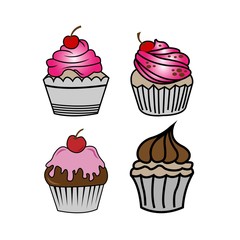 Cup Cake Set Vector. Sliced ​​chocolate cakes, delicious sliced ​​birthday cakes and a vector set of delicious pink glaze cakes
