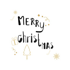 Merry christmas black hand drawn lettering with gold glitter and christmas, tree gift texture line art  on white background. Xmas graphic calligraphy design. Vector Illustration