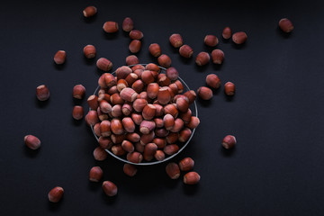 Hazelnut isolated on black background. Set or collection.