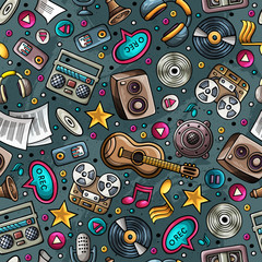 Naklejka premium Cartoon hand-drawn musical instruments seamless pattern