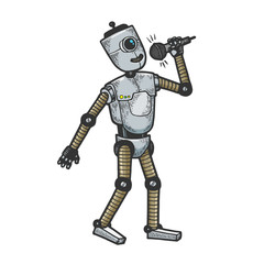 Robot singer vocalist with microphone sketch engraving vector illustration. T-shirt apparel print design. Scratch board style imitation. Black and white hand drawn image.