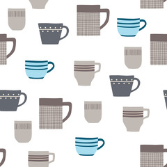 Seamless pattern with different style cups. Hand drawn illustration wallpaper. Digital vector paper in shades of gray, beige, blue. Folk art style.