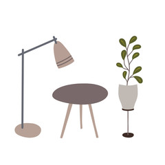 Hand drawn elements of home interior: coffee table, floor lamp, plant in pot. Isolated vector indoor cliparts. Cozy beige colors flat illustration.