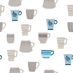 Seamless pattern with different cups. Hand drawn illustration wallpaper. Digital vector paper in shades of beige and blue. Folk art style.