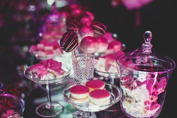 Beautiful multicolored decorated baked sweet tasty candy bar dessert on kids children party, catering banquet table