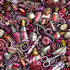Naklejka premium Manicure hand drawn doodles seamless pattern. Nails art background