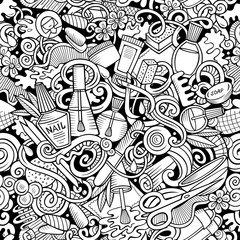 Manicure hand drawn doodles seamless pattern. Nails art background