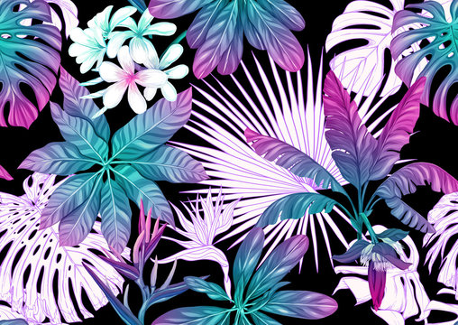 Tropical plants and flowers. Seamless pattern, background. Colored and outline design. Vector illustration in neon, fluorescent colors. Isolated on black background..
