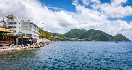  Landscape with coastline at the port of Roseau in Dominica.