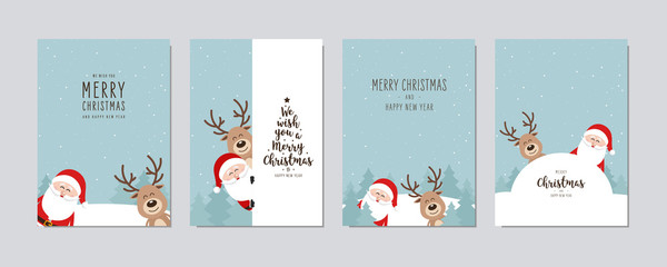 Christmas card set. Merry Christmas and Happy New Year greeting cute santa and red nose reindeer cartoon lettering vector.