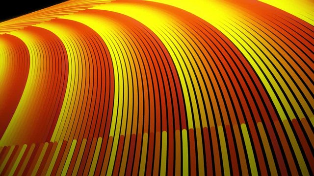 Abstract background of rotating looped bright lines. Animation. Solid colored lines rotate in same plane on black background. Solid alternating lines rotate in loop