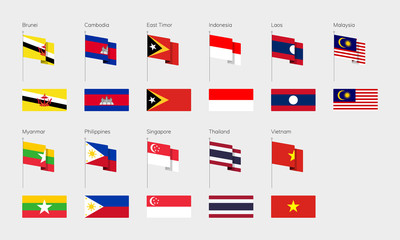 Countries of Southeast Asia according to the UN classification. Set of flags. Brunei, Cambodia, East Timor, Indonesia, Laos, Malaysia, Myanmar, Philippines, Singapore, Thailand, Vietnam - 302045371