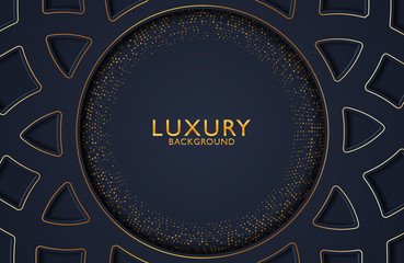 Abstract black geometric luxury background with gold dots halftone element. Vector template for invitation, cover, background. Elegant decoration