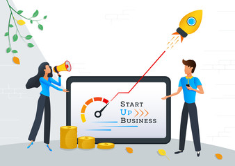 Startup new business project, financial investments in creative idea online, start up launching product with rocket, entrepreneurship. Concept for web page, banner. Flat vector illustration
