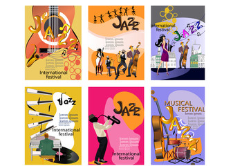 Design of  posters with musicians and musical instruments for jazz festival. Hand drawn vector illustrations.