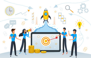 Startup business growth or success, cartoon team people working for their start up project planning and management, SEO strategy, launching rocket from tablet. Flat vector illustration