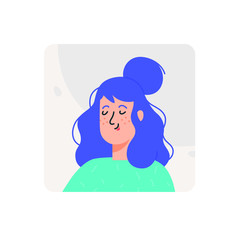 Illustrations of avatars of a girl with eyes closed from pleasure. Vector. Woman in a turquoise t-shirt on a gray background. User profile for the site. Dreams and female pleasures.