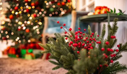 Christmas red pine tree decorated, background light bokeh