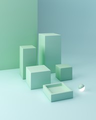 Obraz premium Minimal scene with corner podium and abstract background. Geometric shape. Blue and green pastel colors scene. Minimal 3d rendering. Scene with geometrical forms and blue background. 3d render. 