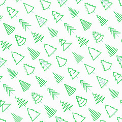 Seamless pattern with Christmas trees in different shapes. Minimalistic simple thin line icons. Vector illustration for greeting card, Christmas and New Year decoration.