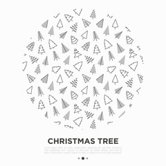 Concept in circle shape with different Christmas trees. Minimalistic simple thin line icons. Vector illustration for greeting card, Christmas and New Year decoration.