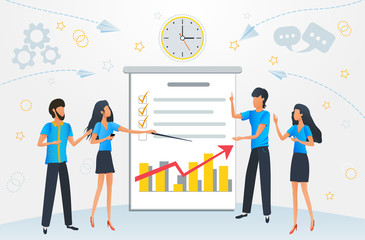 Business profit growth strategy, financial report, consulting team, project planning and management, cartoon business people meeting, planning, presentation. Flat vector illustration