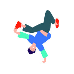 Illustration of a guy dancing upside down. Vector. A young dancer is standing on one arm. Flat style. Image isolated on a white background. Booty to the top.