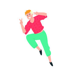 Illustration of a guy running to the viewer. Vector. A young boy rejoices in victory and greets us. Flat style. Image isolated on a white background. Nice man.