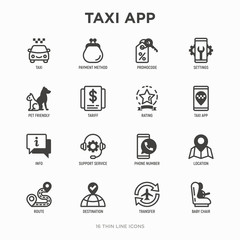 Taxi app thin line icons set: payment method, promocode, app settings, info, support service, phone number, location, pointer, route, destination, airport transfer, baby seat. Vector illustration.