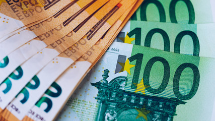 Euro money, Euro cash background. Banknotes of the european union. Euro cash. Many Euro banknotes of different values.