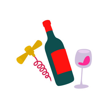 Illustration of a bottle of wine, a glass and a corkscrew. Vector. Sticker for wine drinks. Icon for website and label. Badge for wine lovers.