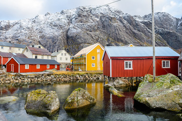 nusfjord fishing town at lofoten islands, norway - obrazy, fototapety, plakaty